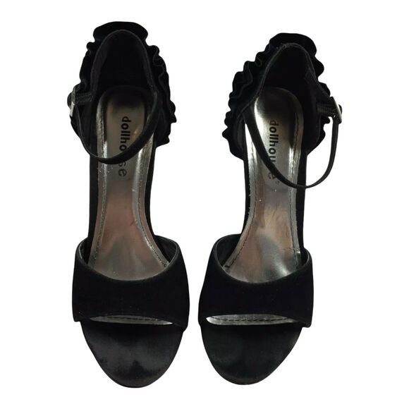 Dollhouse Maneater Heels Size 8.5 Sexy Black Ruffle Open Toe Pumps Womens 8 1/2 - Picture 2 of 8